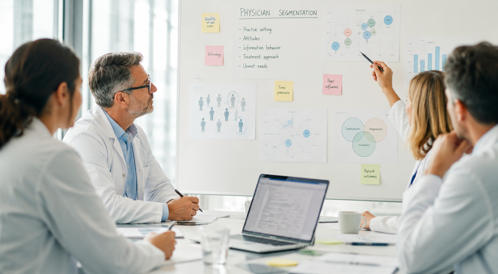 Physician segmentation workshop in a bright meeting room