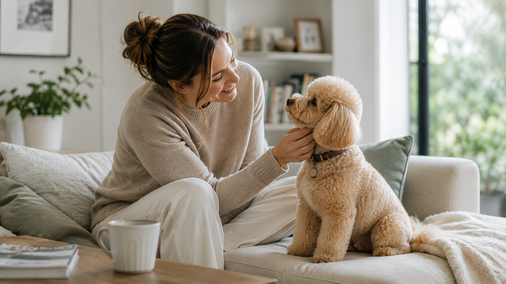 Pet owner with an apricot poodle in a bright living room
