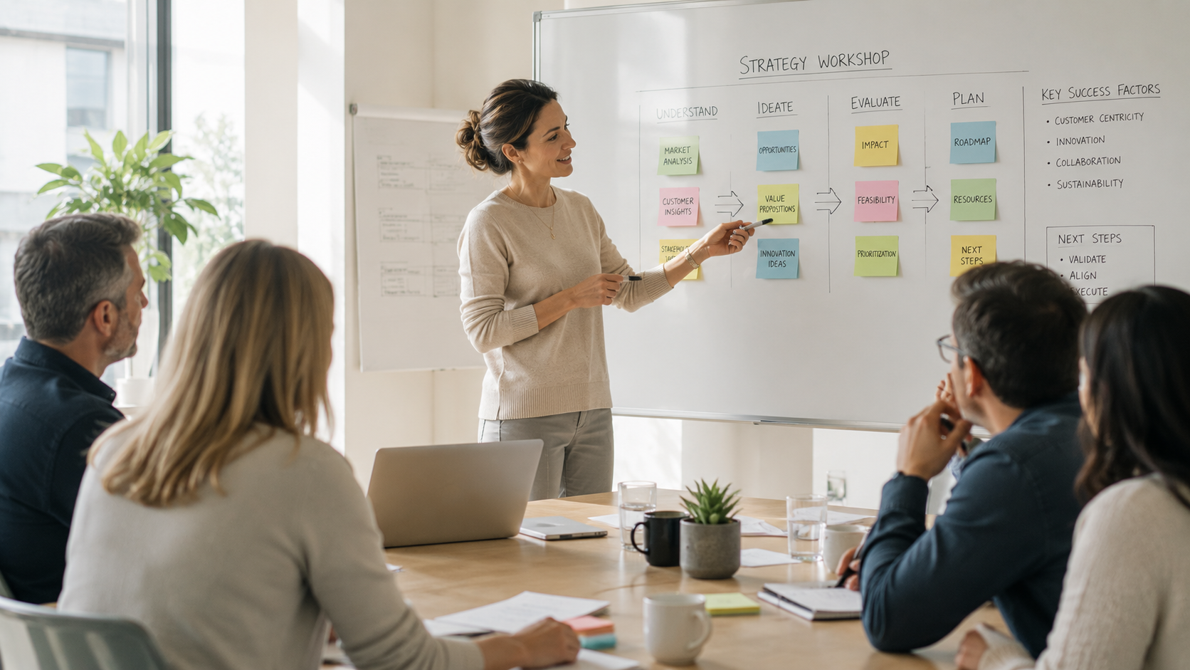 Strategy workshop with a group in a bright office